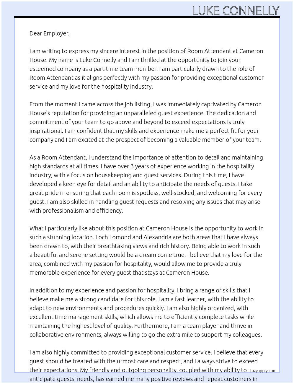 Room Attendant At Cameron house Cover Letter