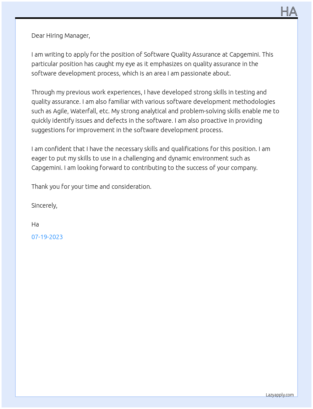 Software Quality Assurance  At Capgemini Cover Letter