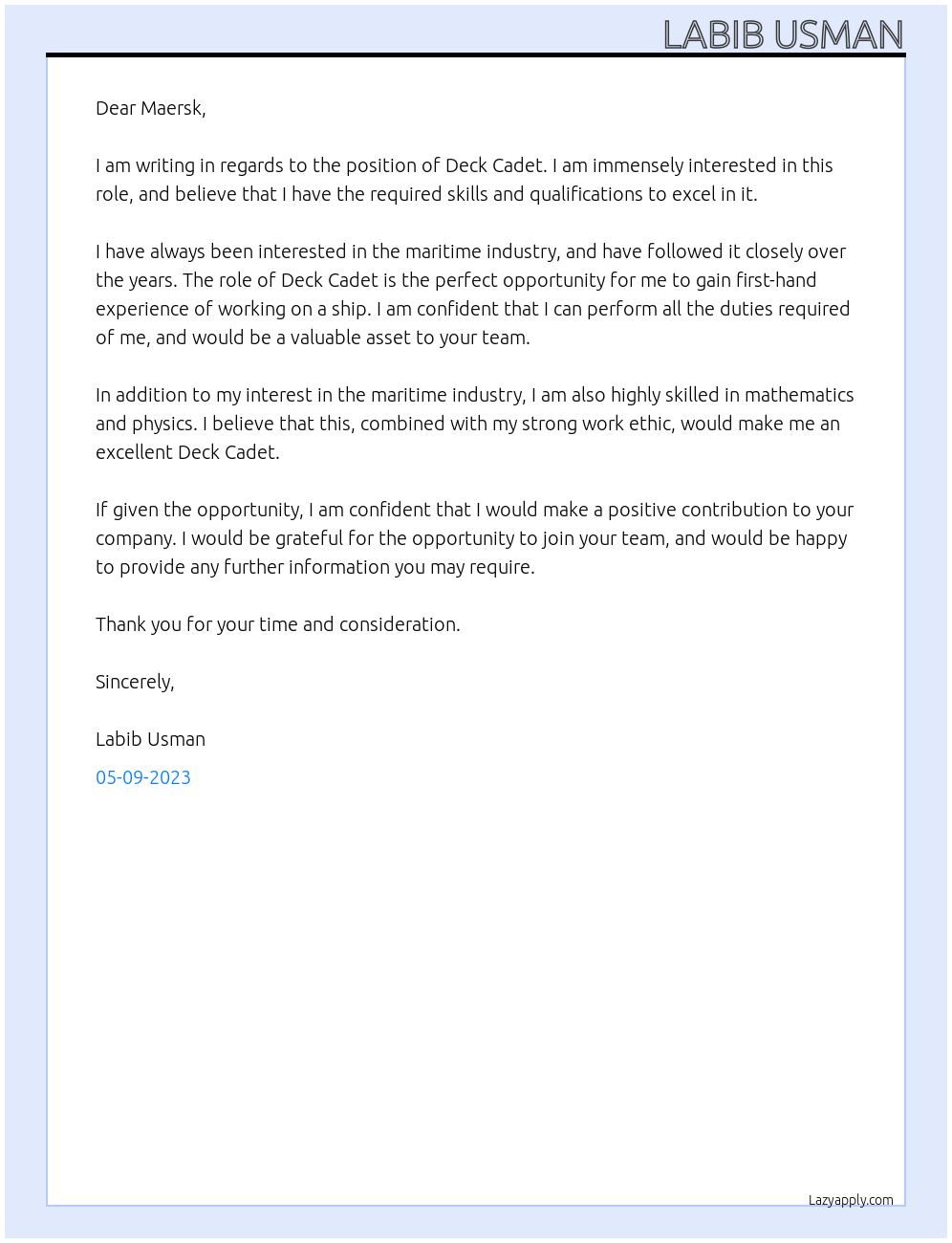 Deck cadet At Maersk line Cover Letter