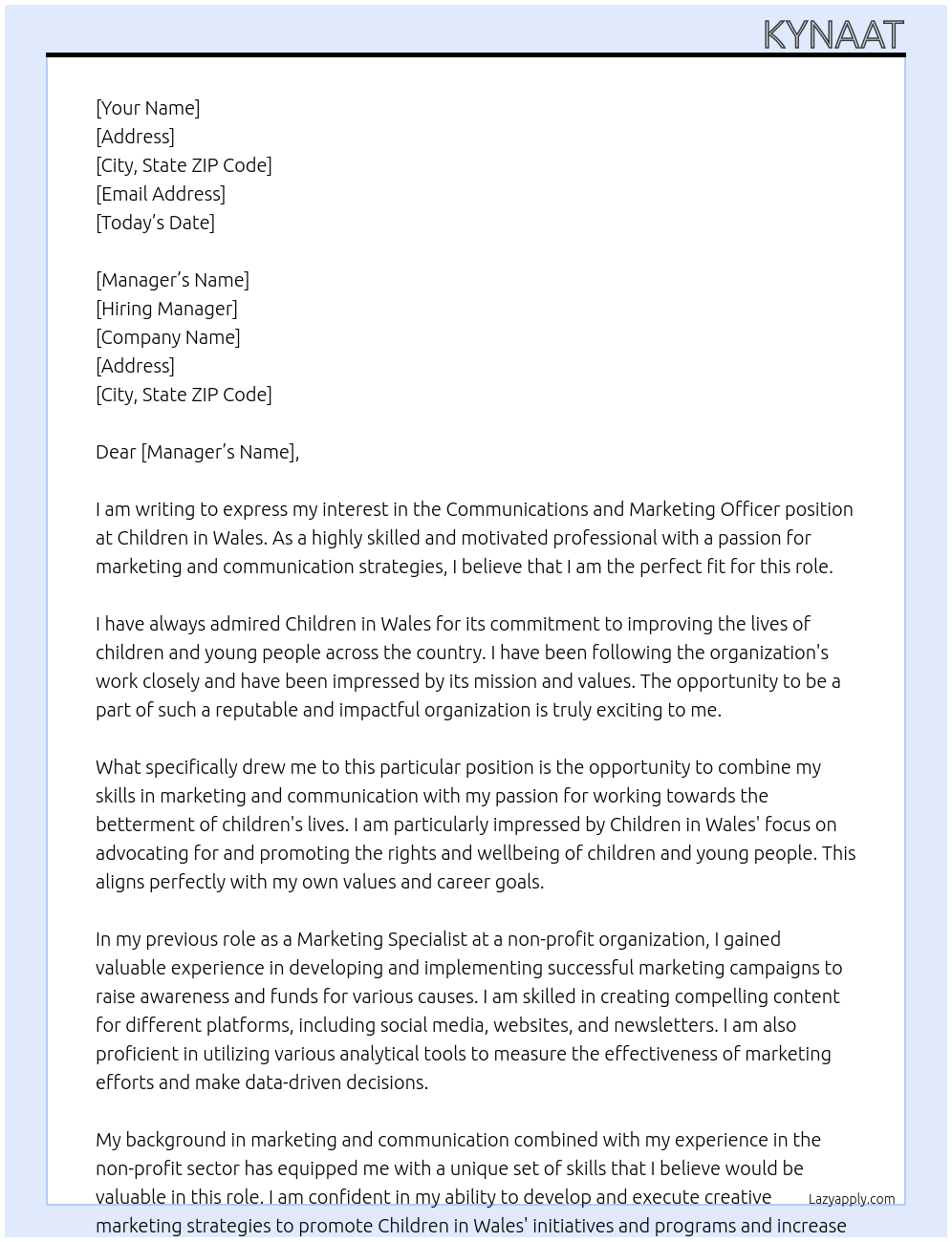 communications and marketing officer At Children in Wales Cover Letter