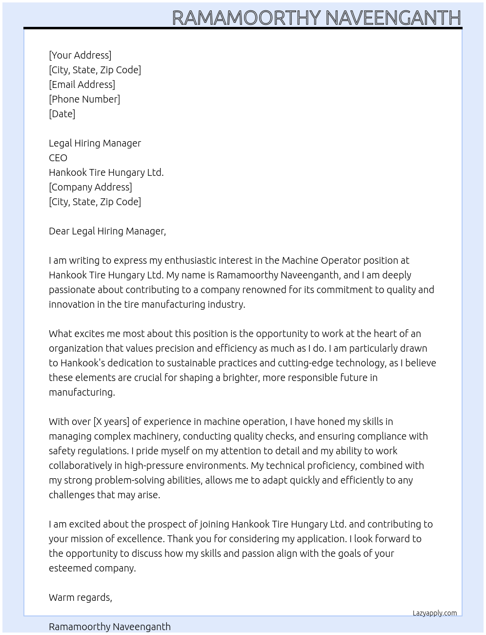 Machine operator At Hankook tire Hungary Ltd. Cover Letter