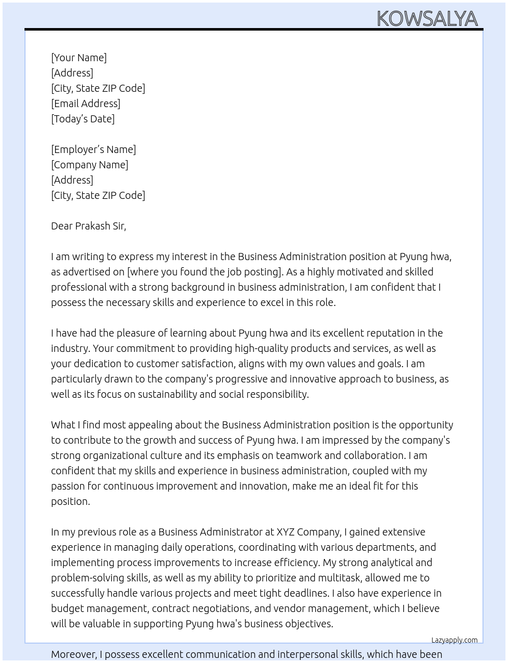 Business administration At Pyung hwa Cover Letter