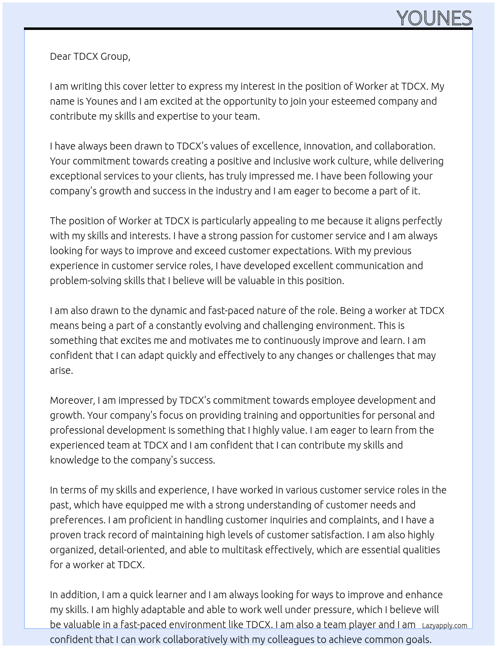 Worker At TDCX Cover Letter