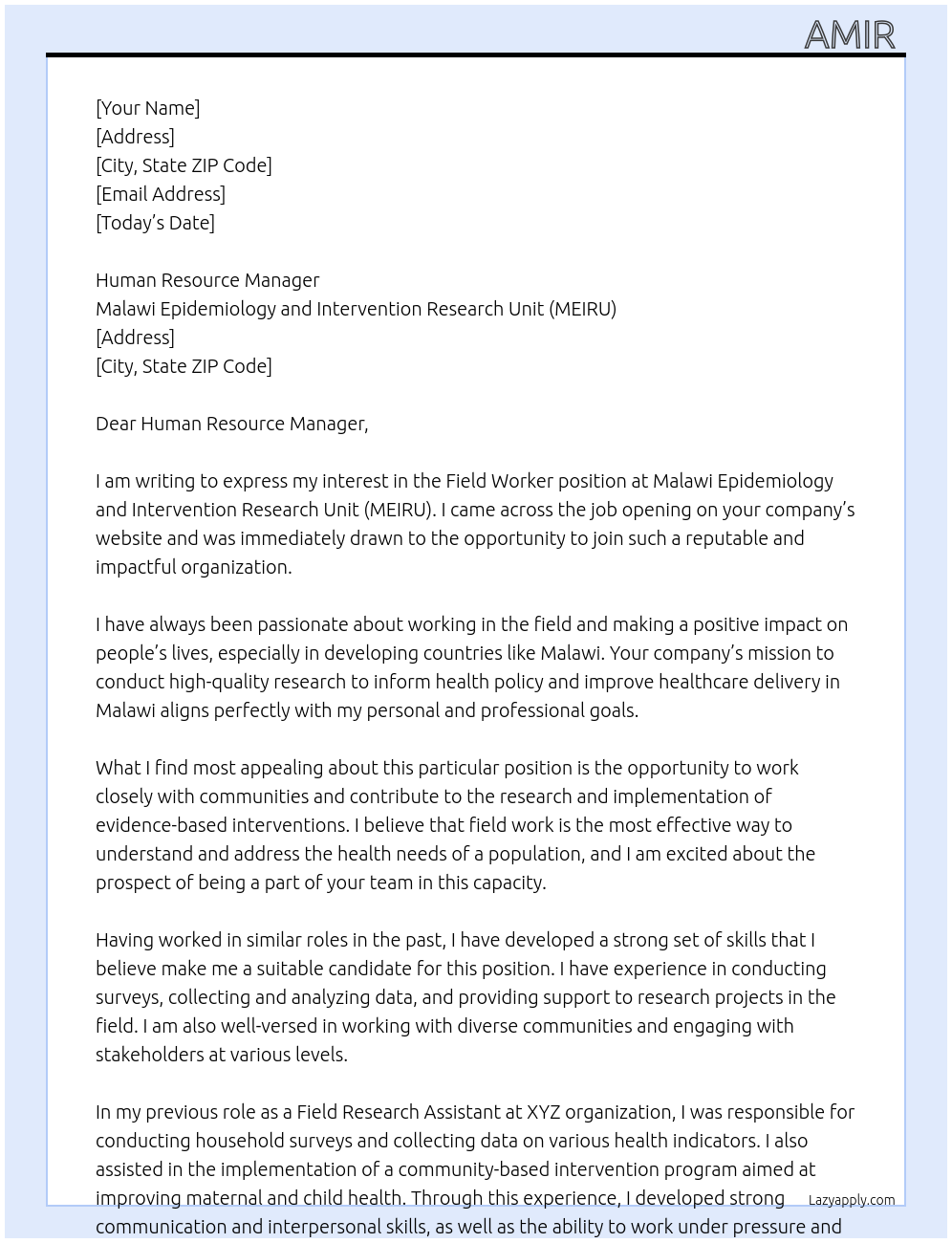 Field worker At Malawi Epidemiology and Intervention Research Unit (MEIRU) Cover Letter