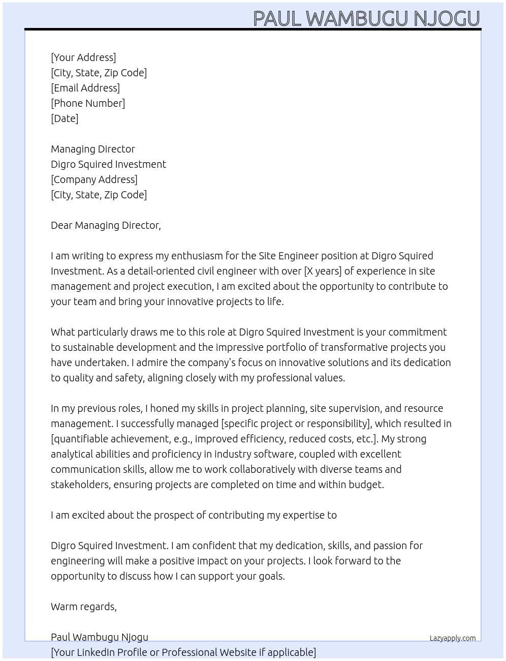 Cover letter for site engineer - LazyApply