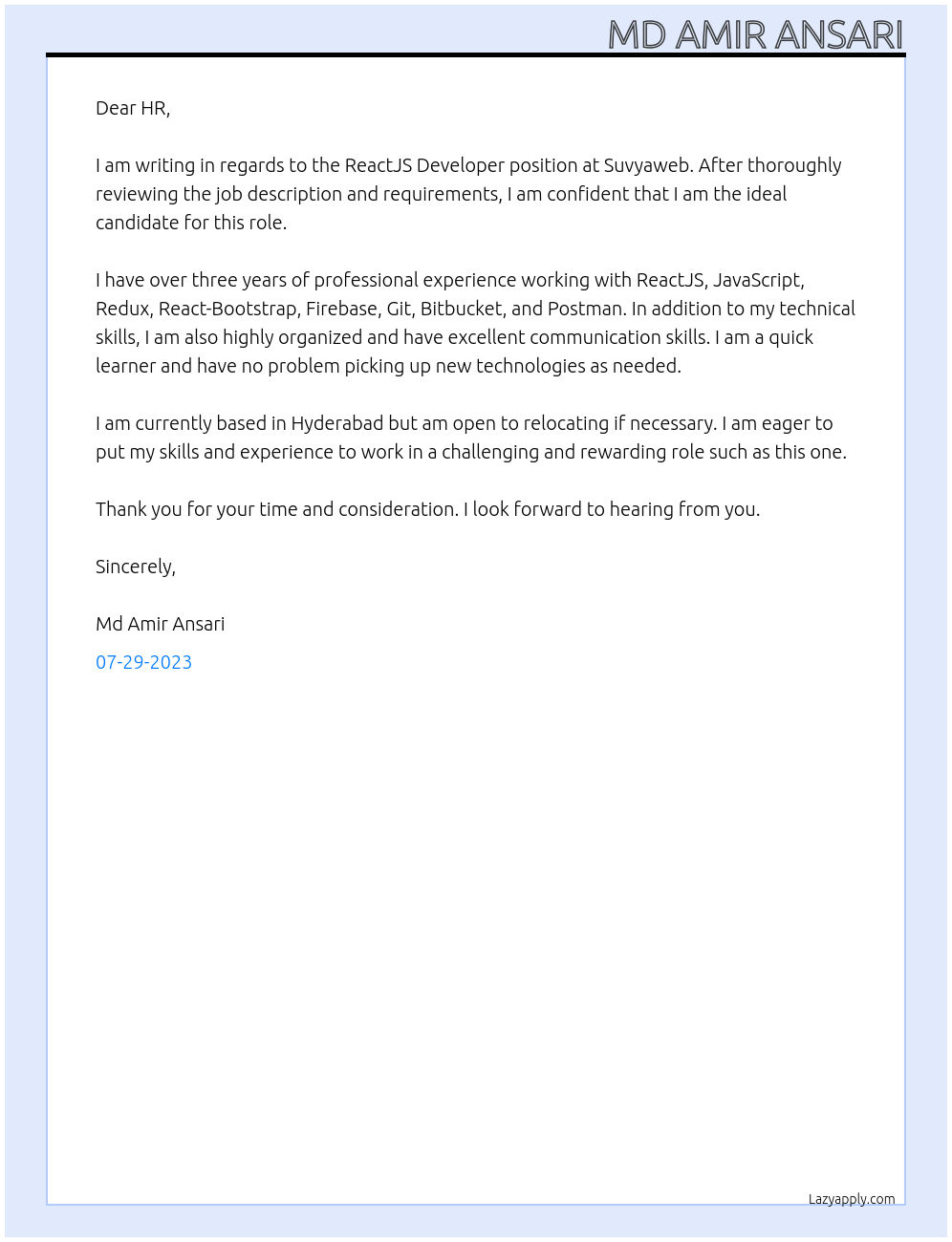 reactjs developer At suvyaweb Cover Letter