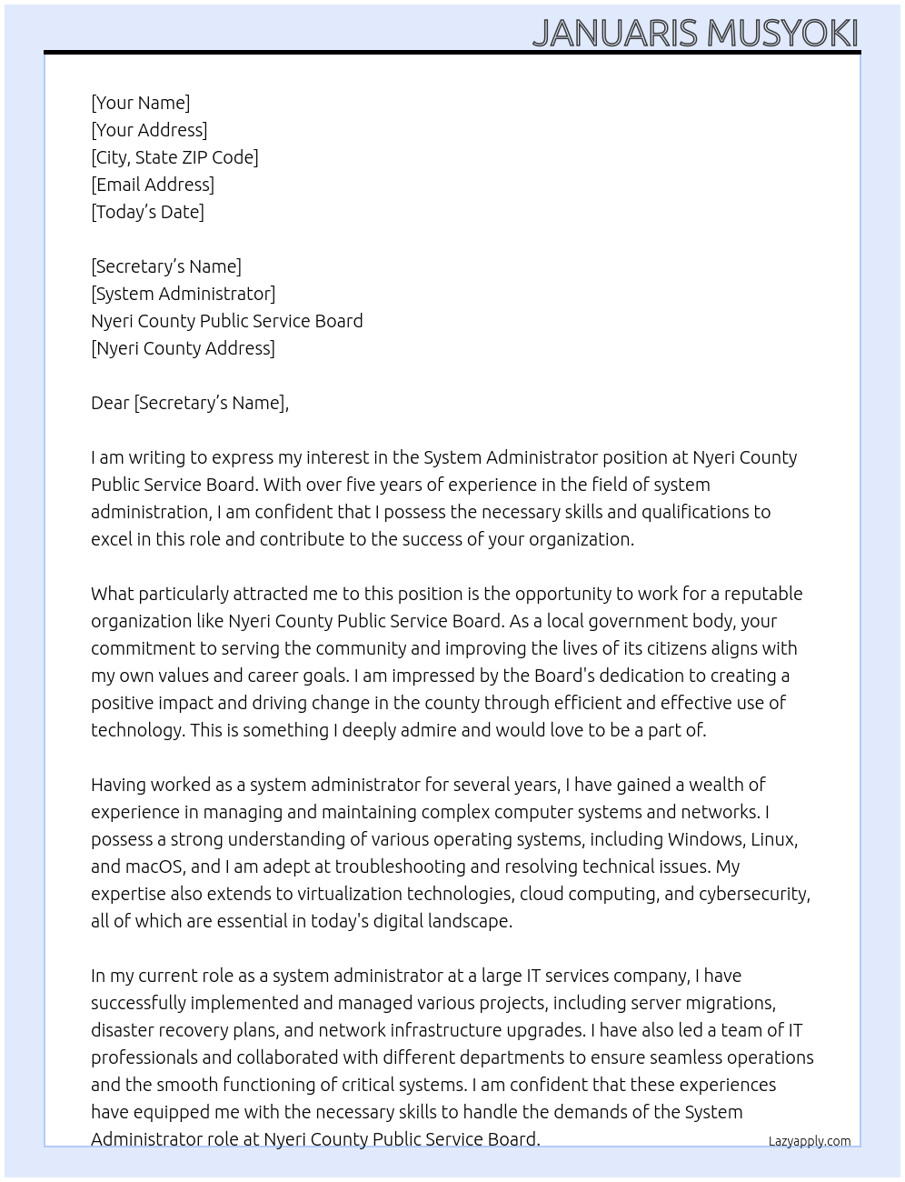 System administrator At Nyeri county public service board Cover Letter
