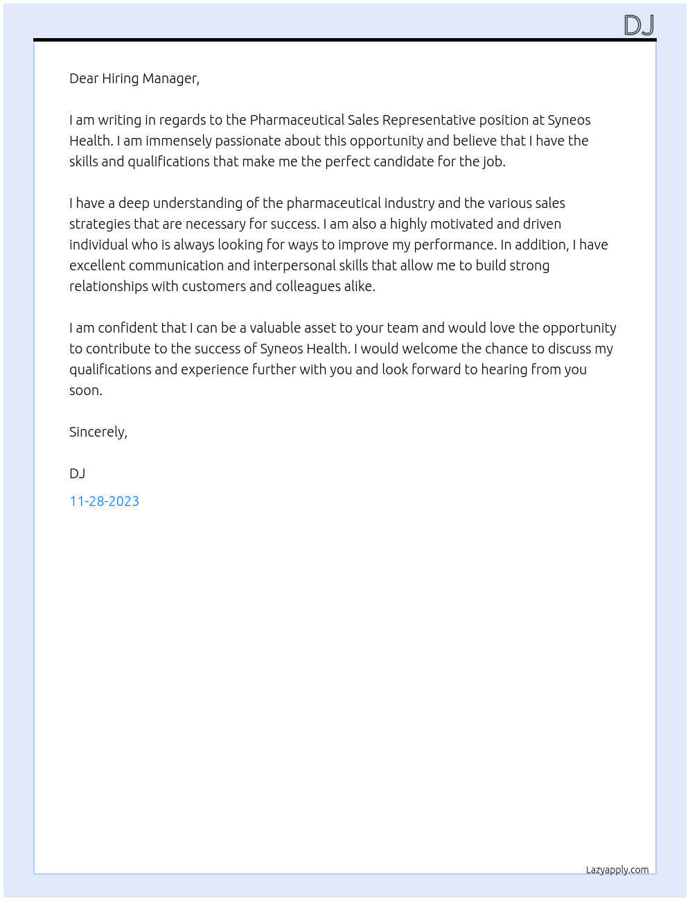 Pharmaceutical Sales Representative  At Syneos Health Cover Letter