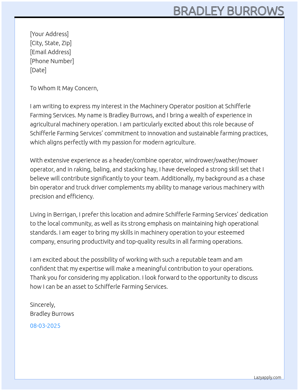 Cover letter for machinery operator - LazyApply