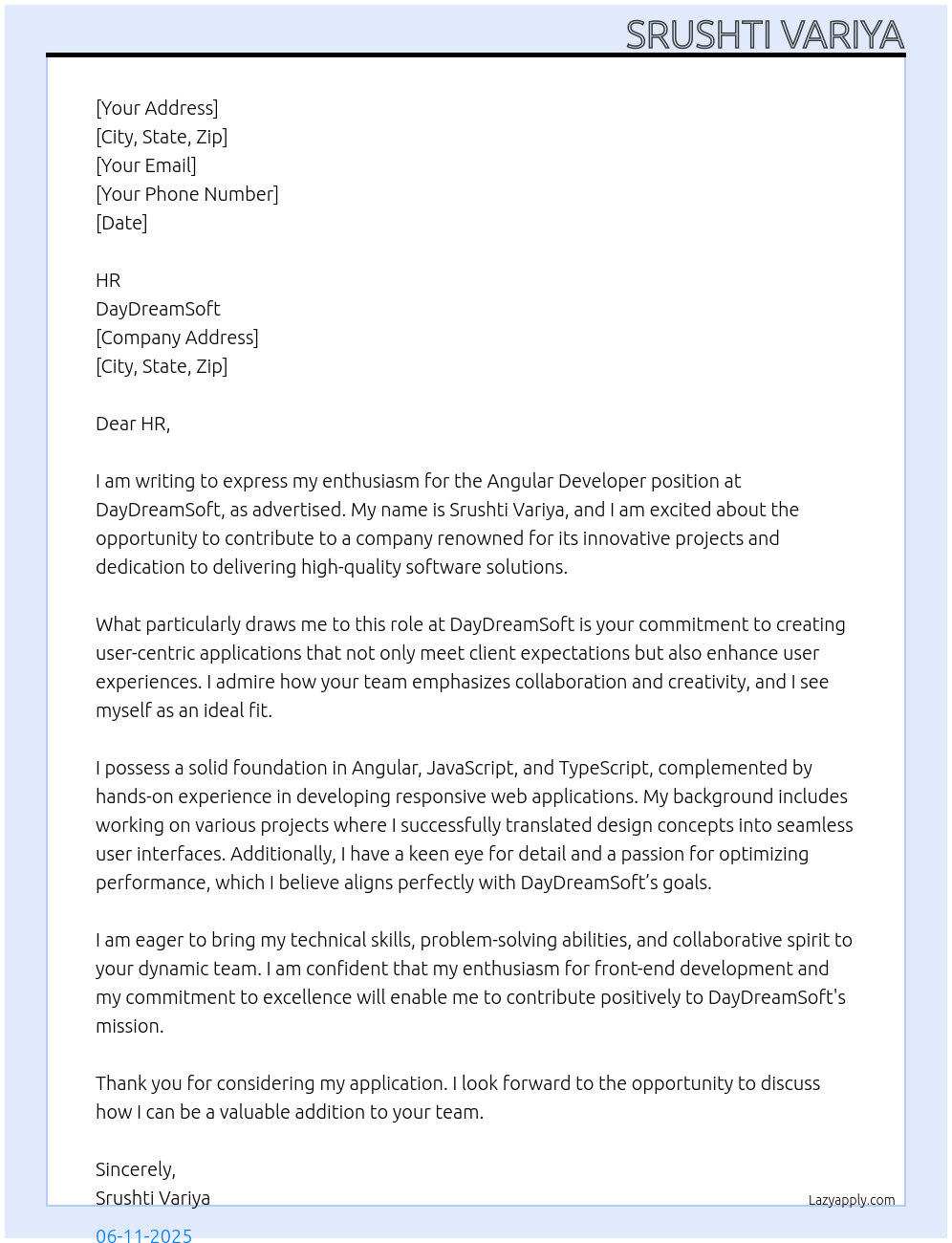 Angular Developer At DayDreamSoft Cover Letter