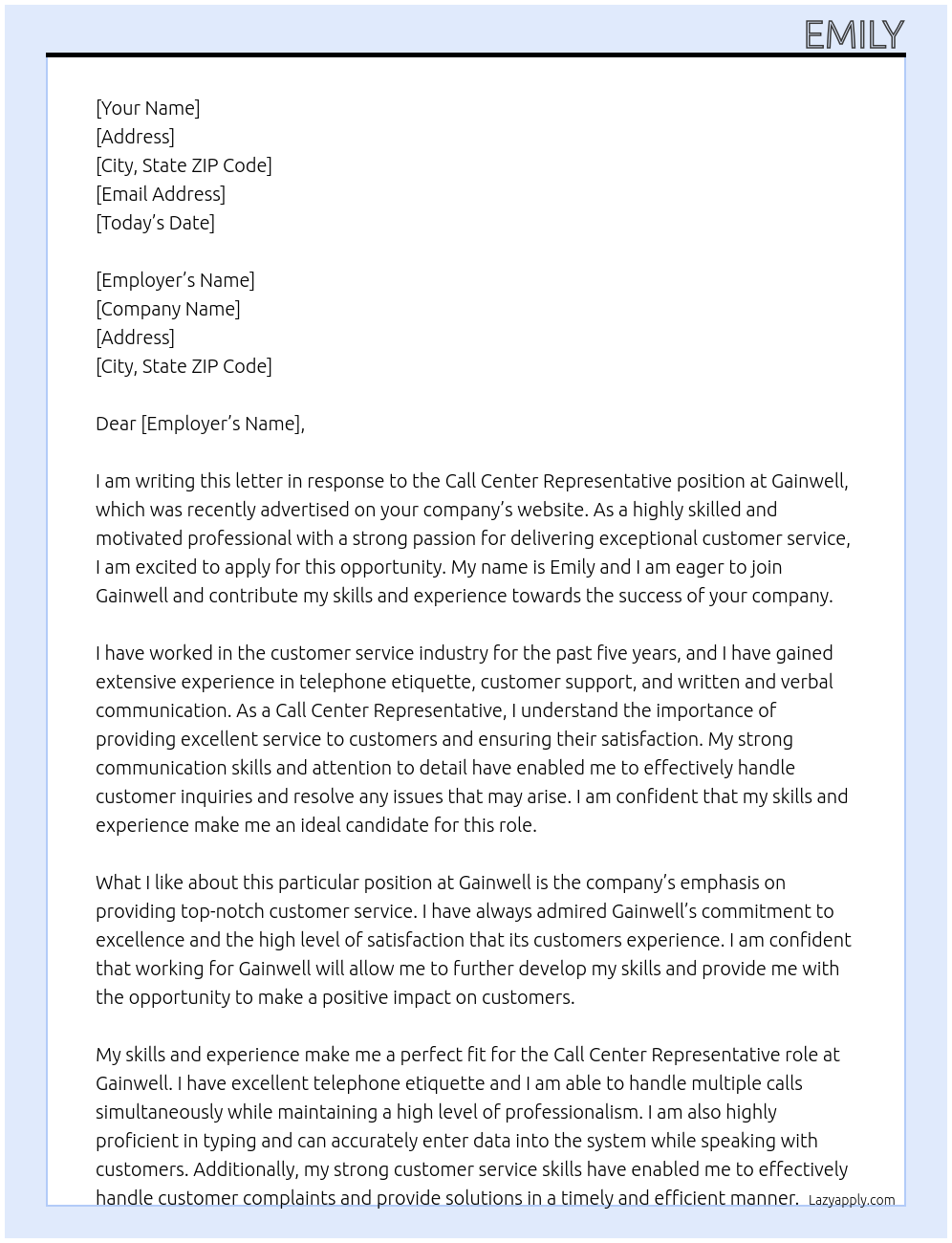 Call Center Representative At Gainwell Cover Letter