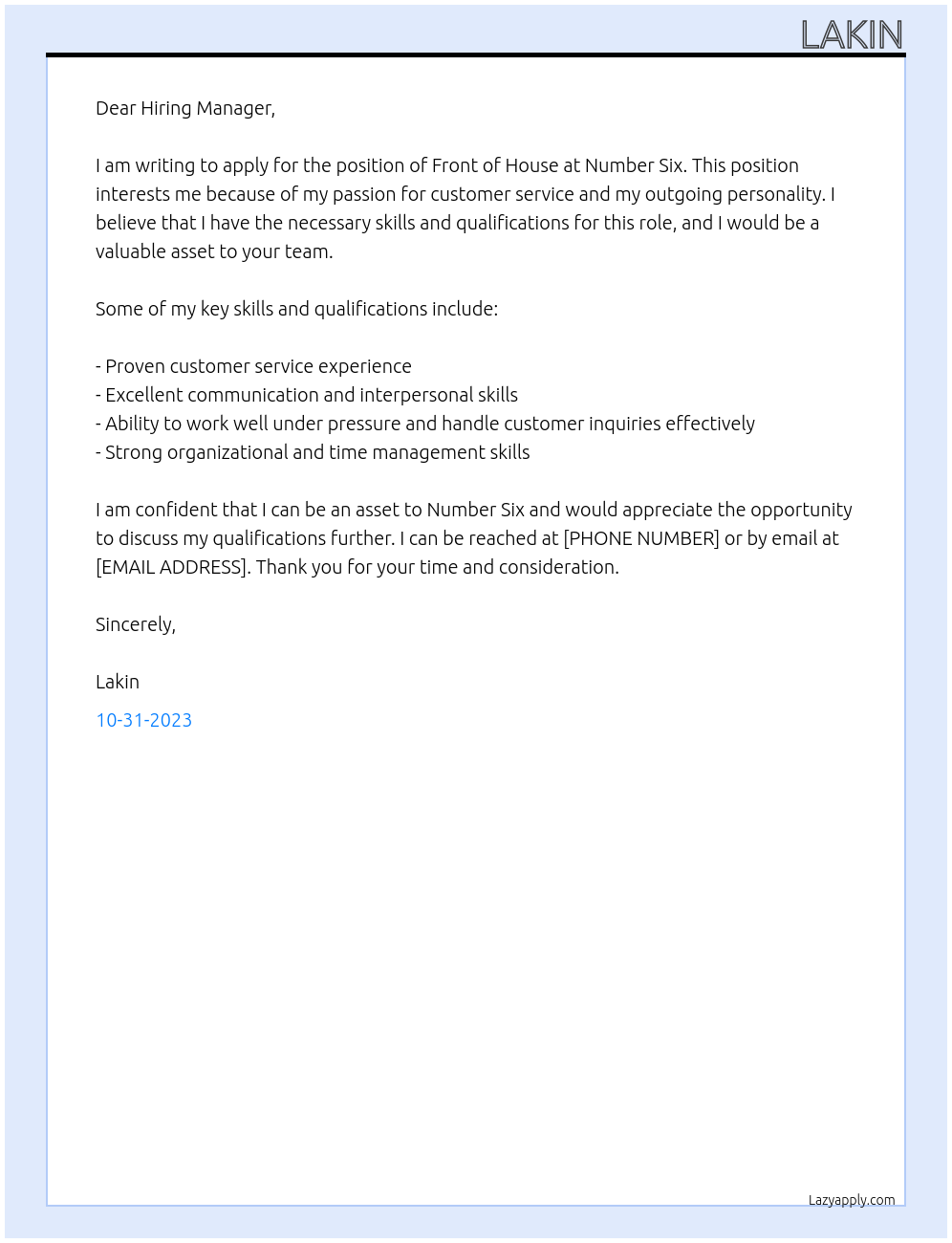 Front of House At Number Six Cover Letter