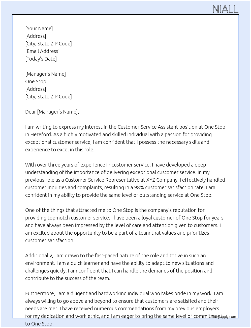 Customer Service Assistant At One Stop Cover Letter