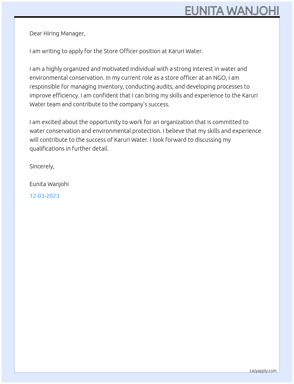Store Officer At Karuri Water Cover Letter