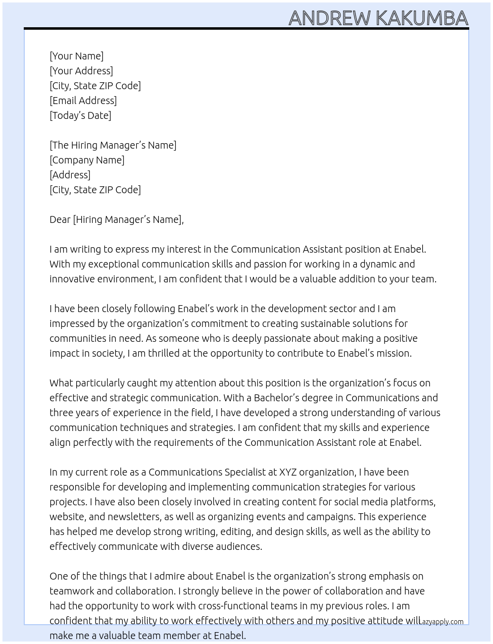 Communication Assistant At Enabel Cover Letter