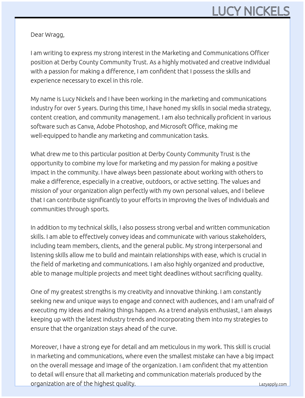 Marketing and  Communications Officer At Derby County Community Trust Cover Letter