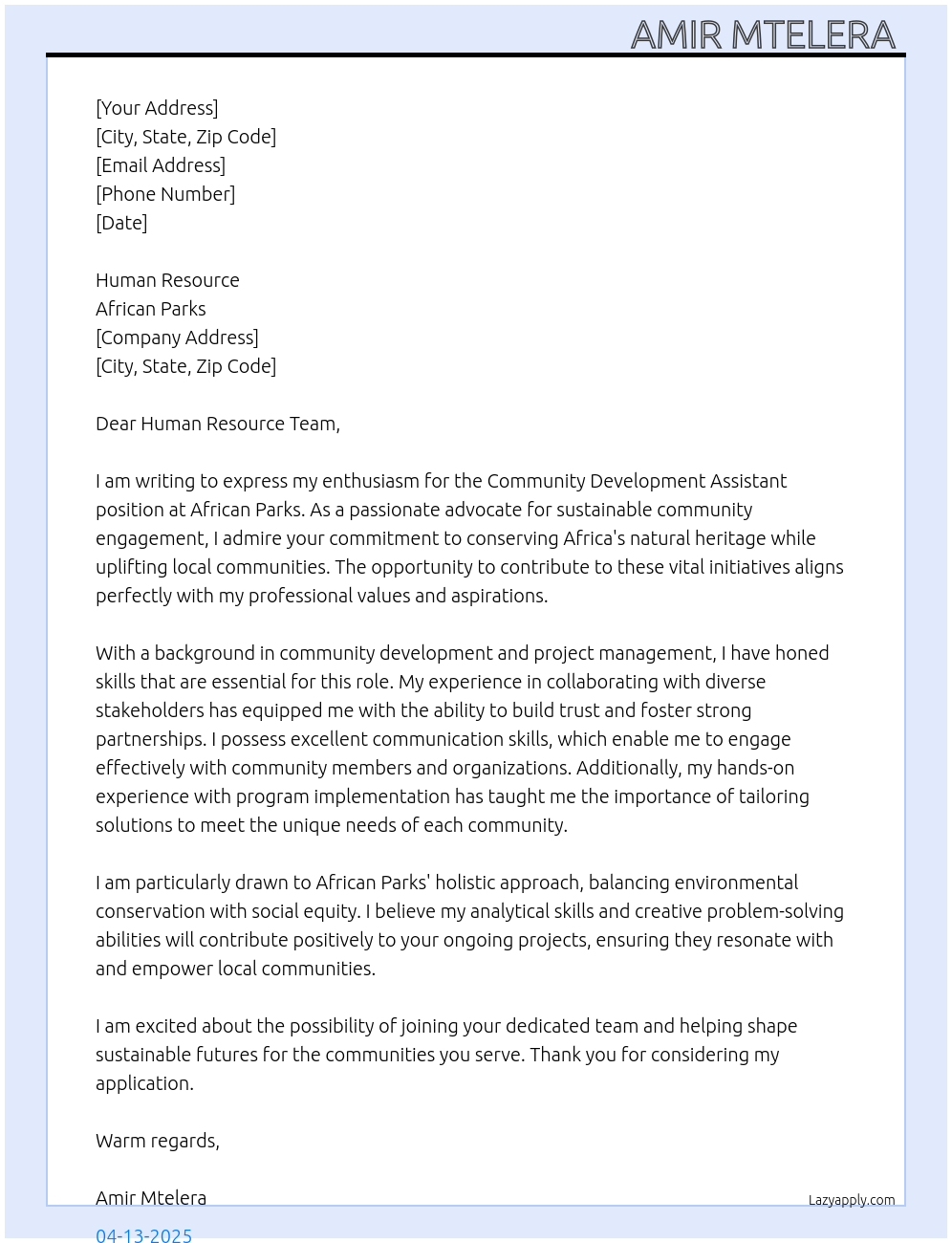 COMMUNITY DEVELOPMENT ASSISTANT At African parks Cover Letter