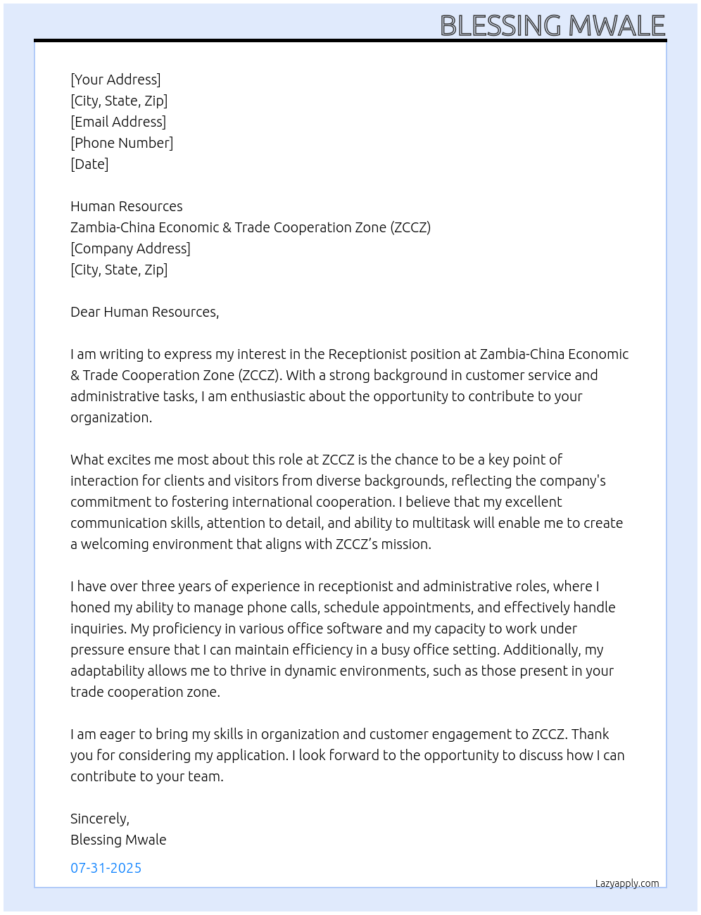 Receptionist At Zambia-China Economic & Trade Cooperation Zone (ZCCZ) Cover Letter