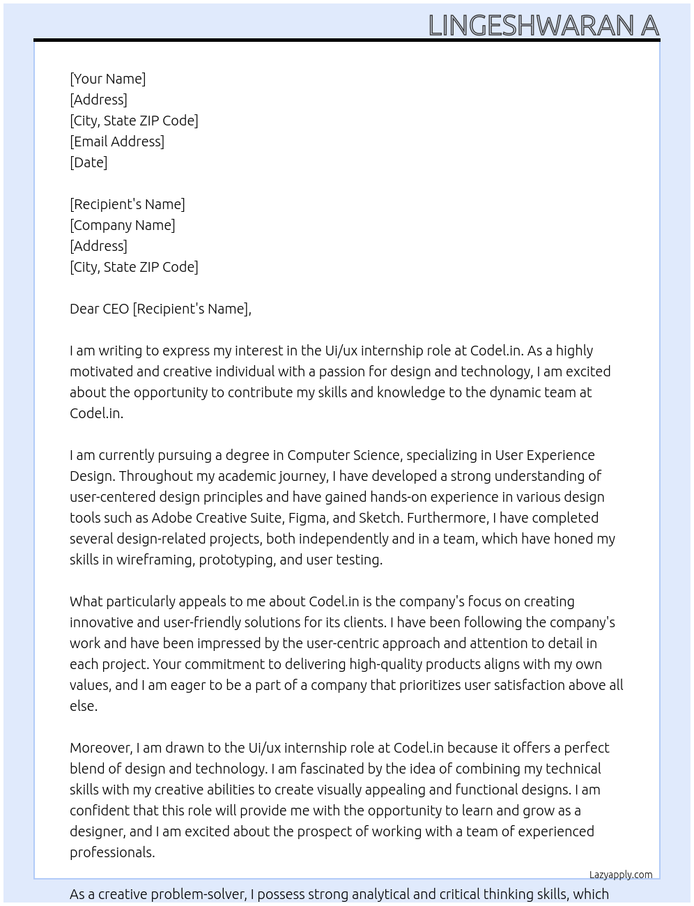 Ui/ux At Codel.in Cover Letter