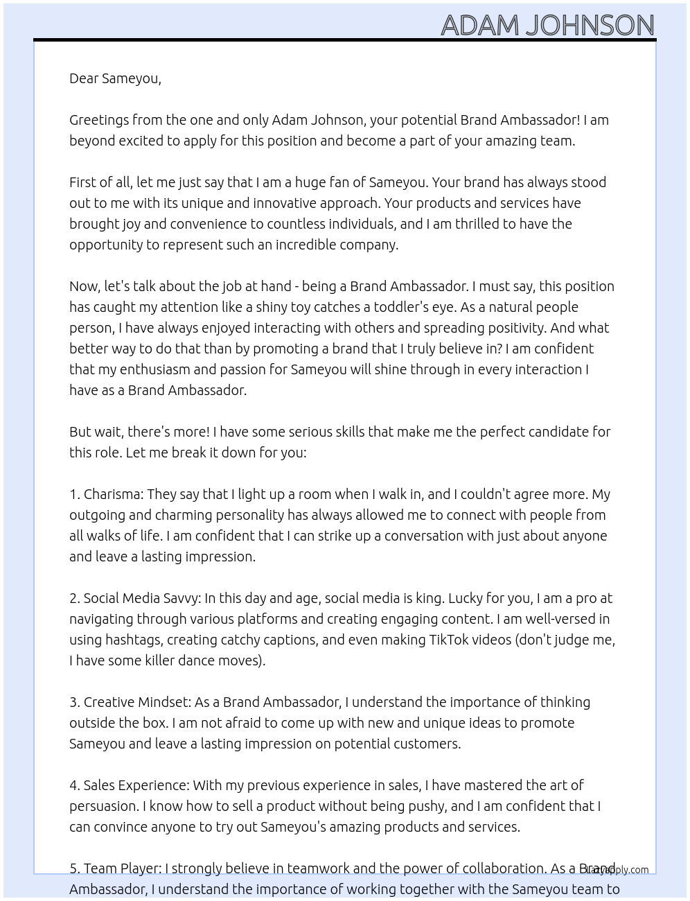 Brand ambassador  At Sameyou Cover Letter