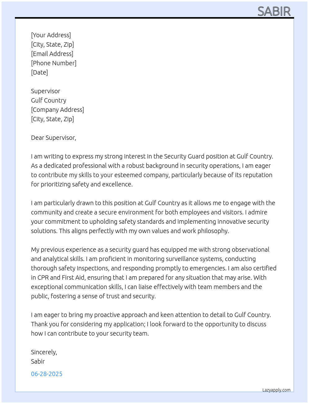 Security guard At Gulf country Cover Letter