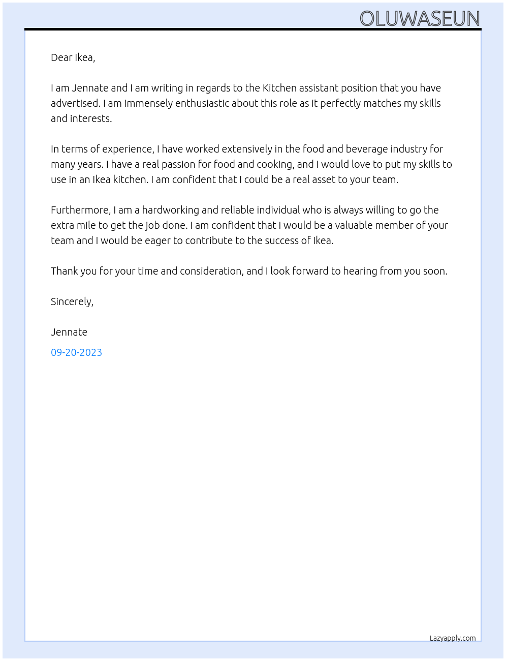 Kitchen assistant At Ikea Cover Letter