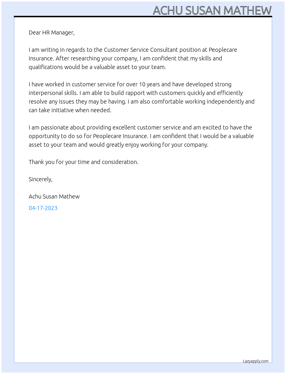 Customer Service Consultant At Peoplecare Insurance Cover Letter