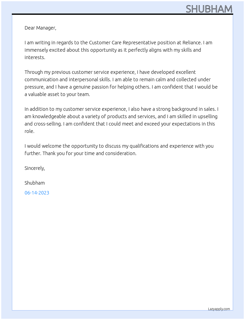 Customer Care Representative At Reliance Cover Letter