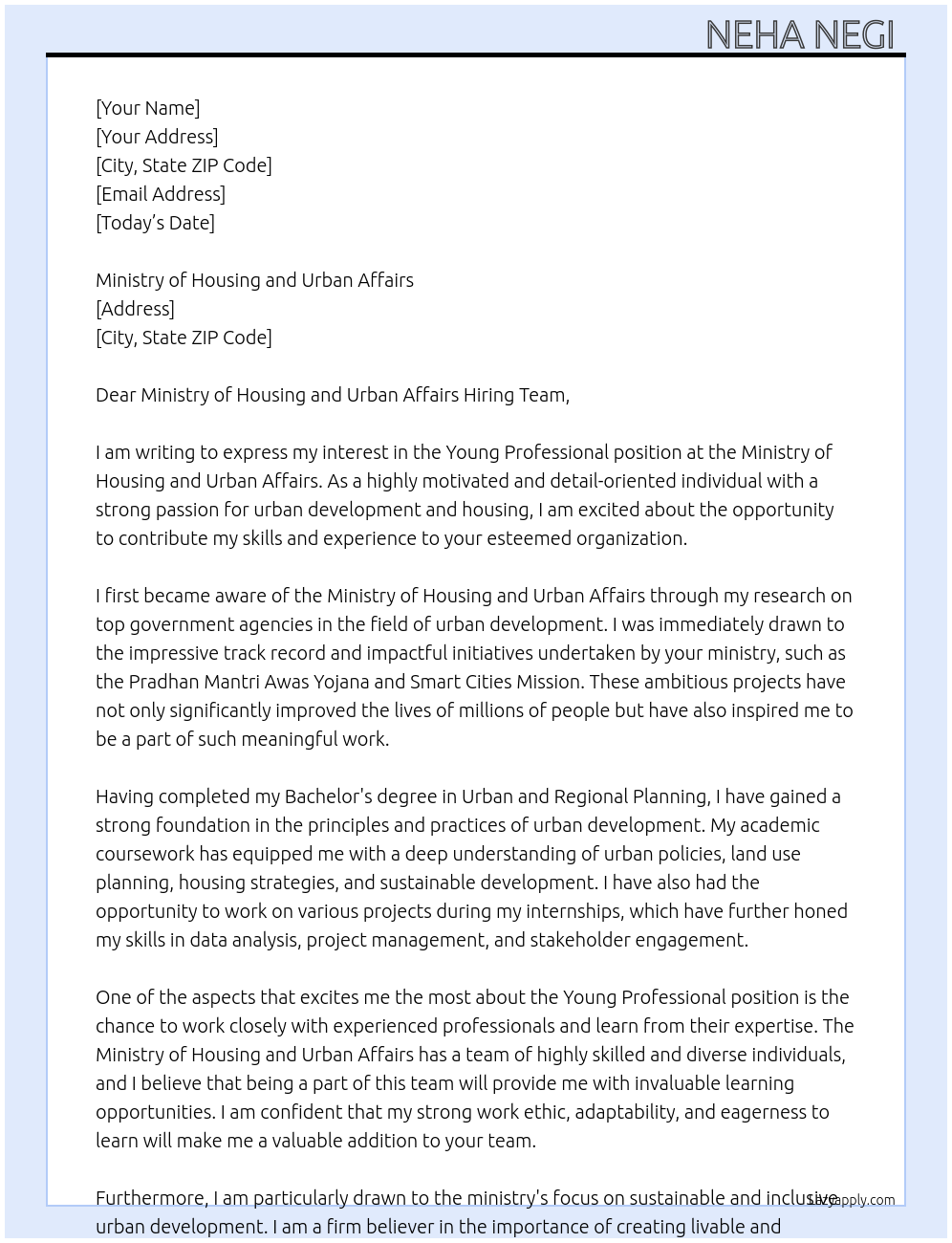Young professional At Ministry of Housing and Urban Affairs Cover Letter