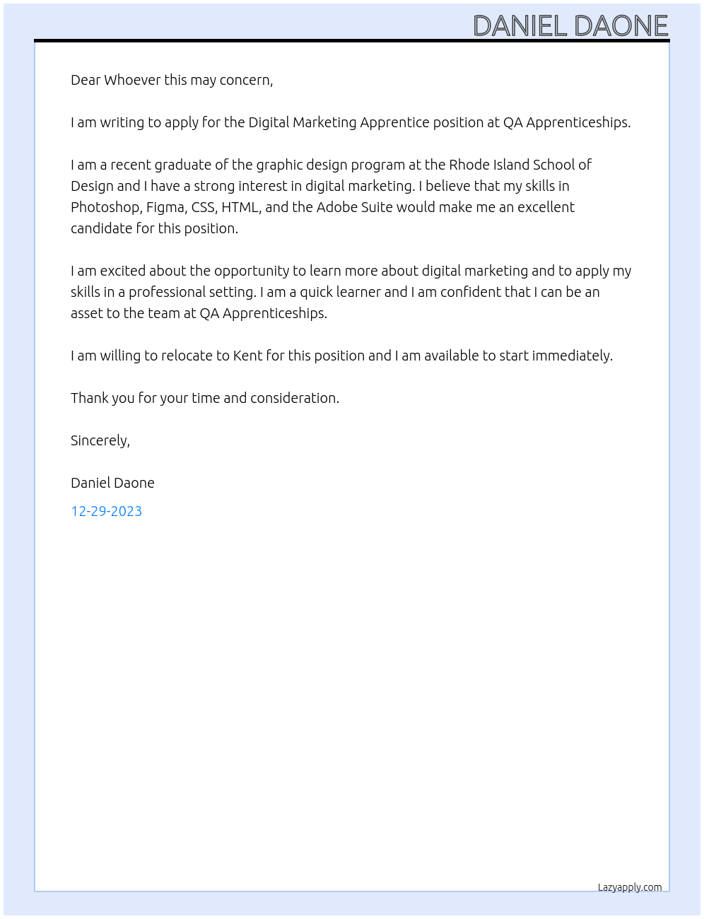 Digital Marketing Apprentice At QA Apprenticeships Cover Letter