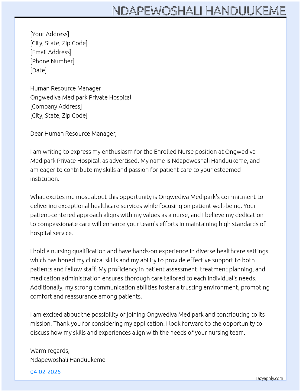 ENROLLED NURSE At Ongwediva Medipark Private Hospital Cover Letter