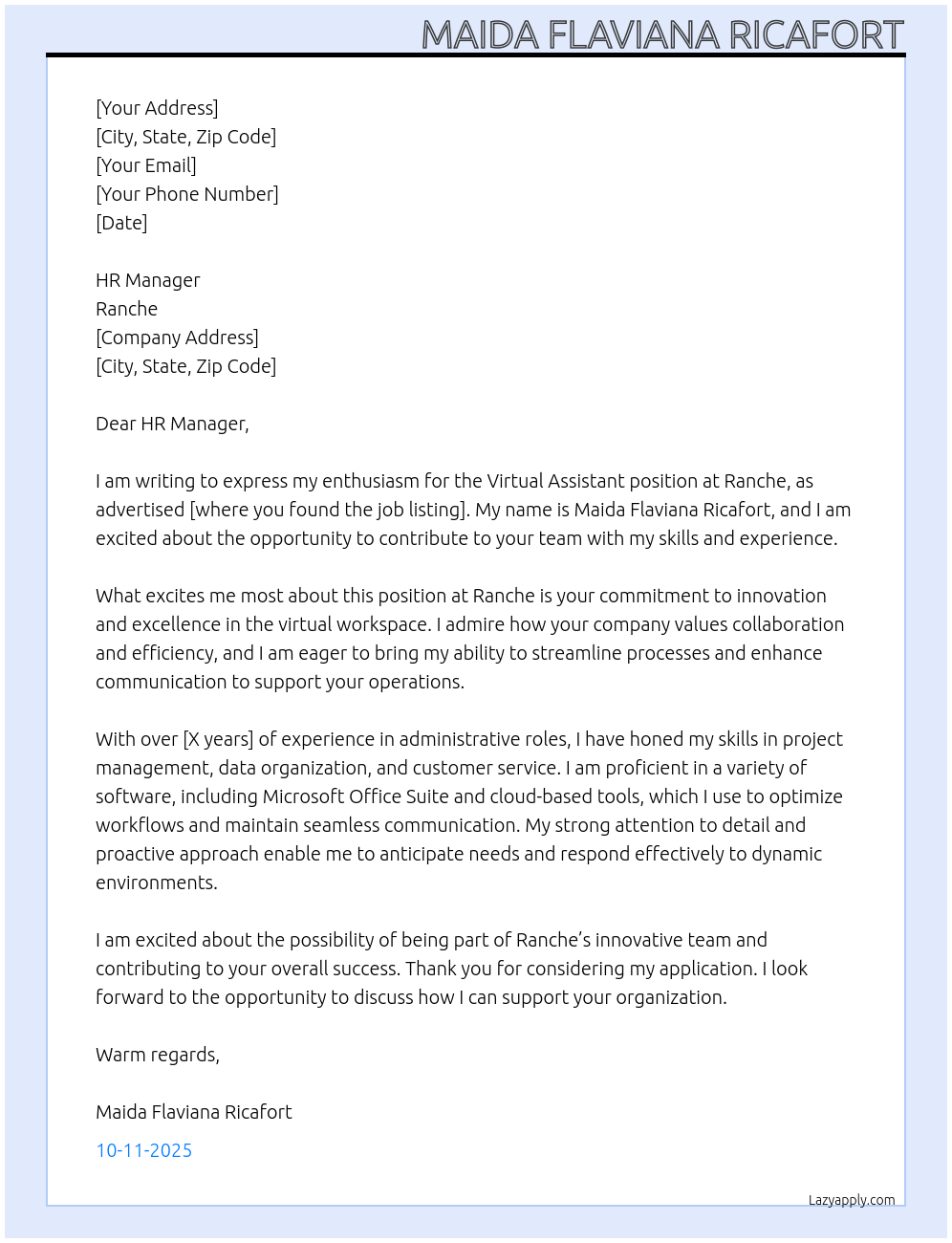 Cover letter for virtual assistant - LazyApply