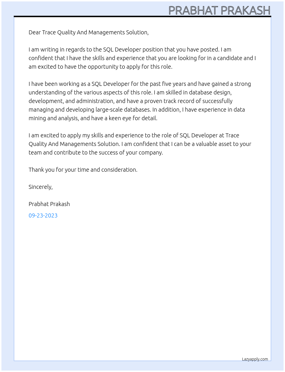 SQL Developer At Trace Quality And Managements Solution Cover Letter