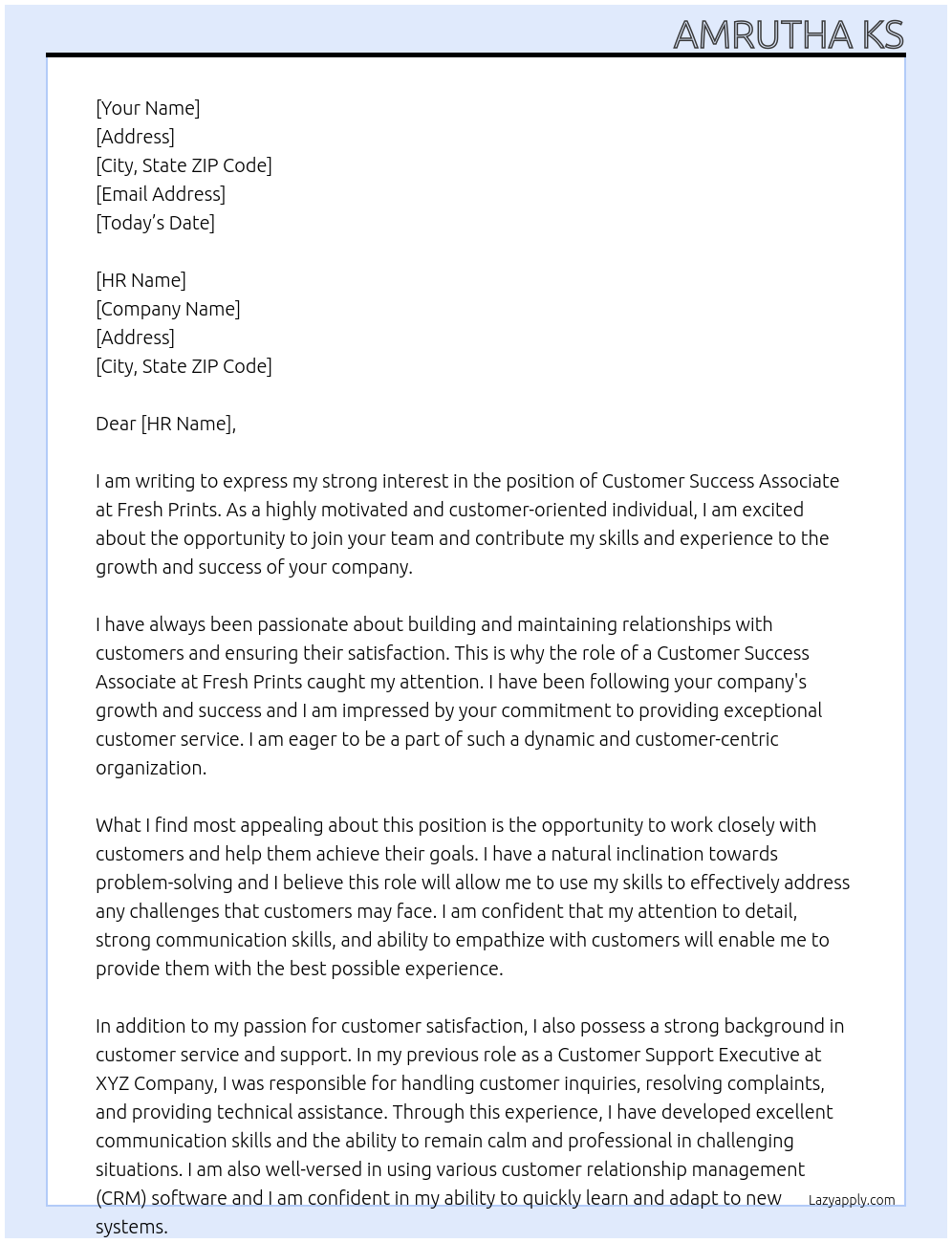 CUSTOMER SUCCESS ASSOCIATE At Fresh Prints Cover Letter