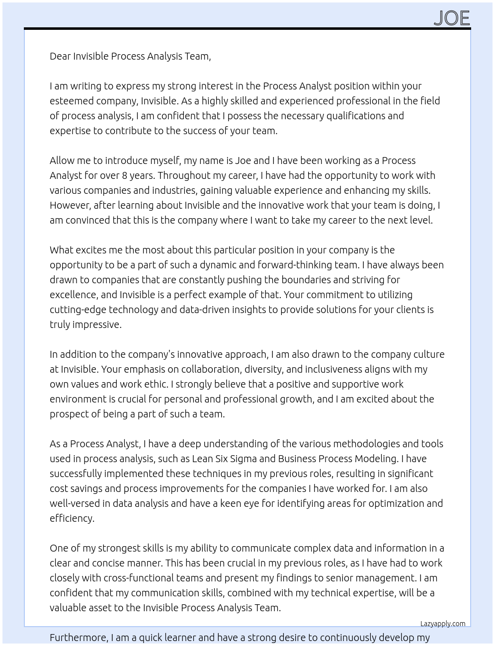Process Analyst At Invisible Cover Letter