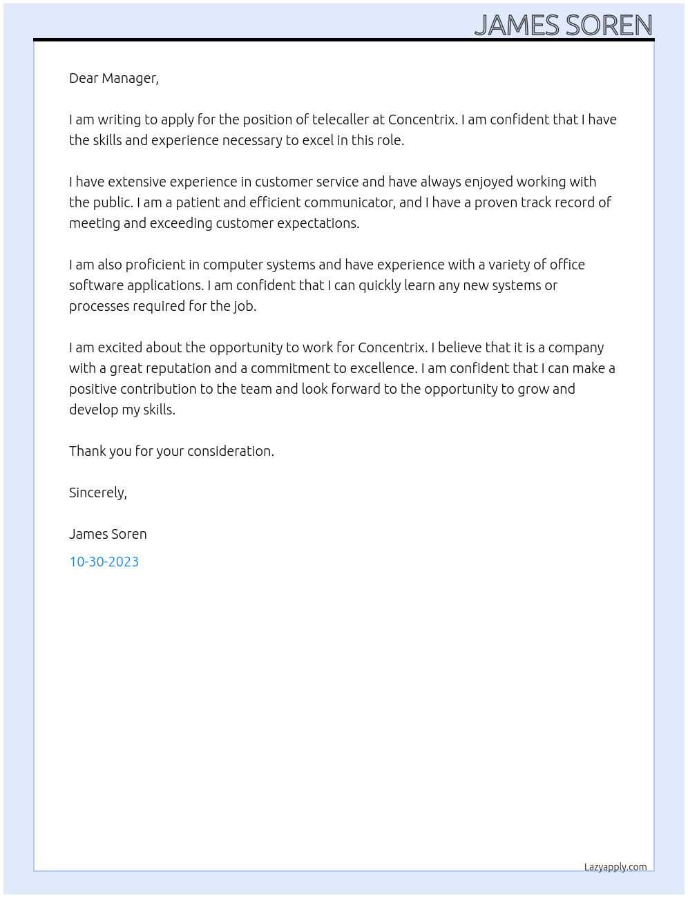 telecaller At Concentrix Cover Letter