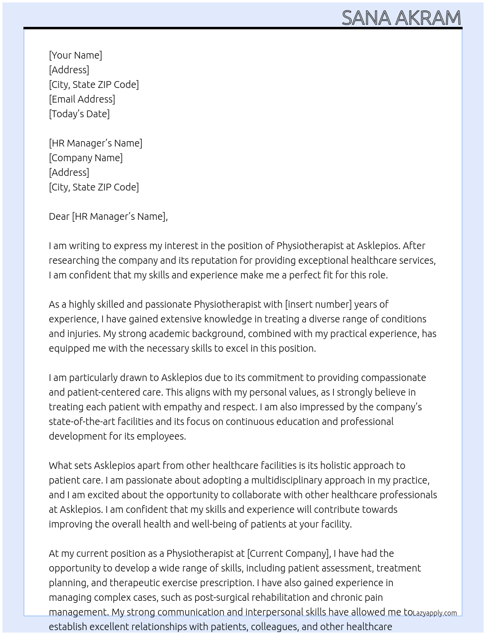 Physiotherapist At Asklepios Cover Letter