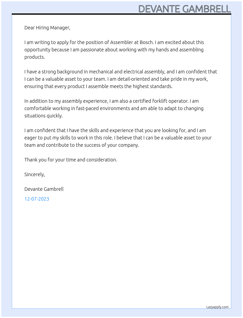 Assembler At Bosch Cover Letter