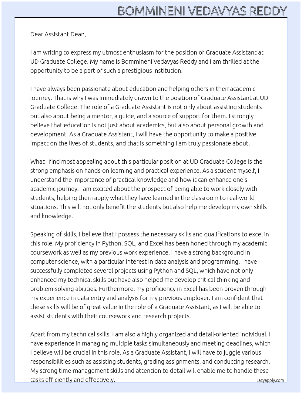 Graduate assistant At UD Graduate college Cover Letter