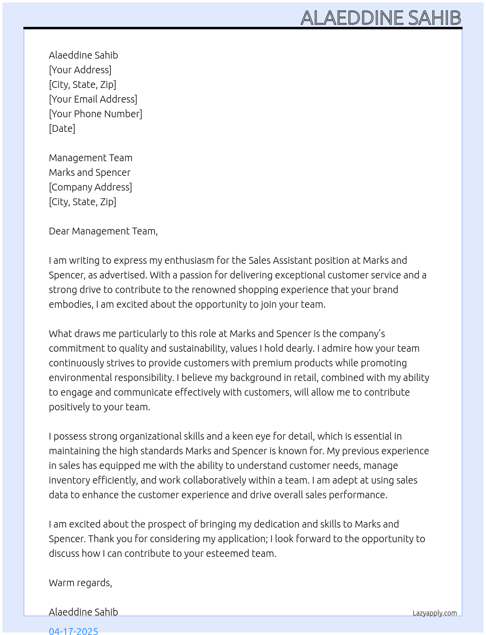 Sale assistant At marks and spencer Cover Letter