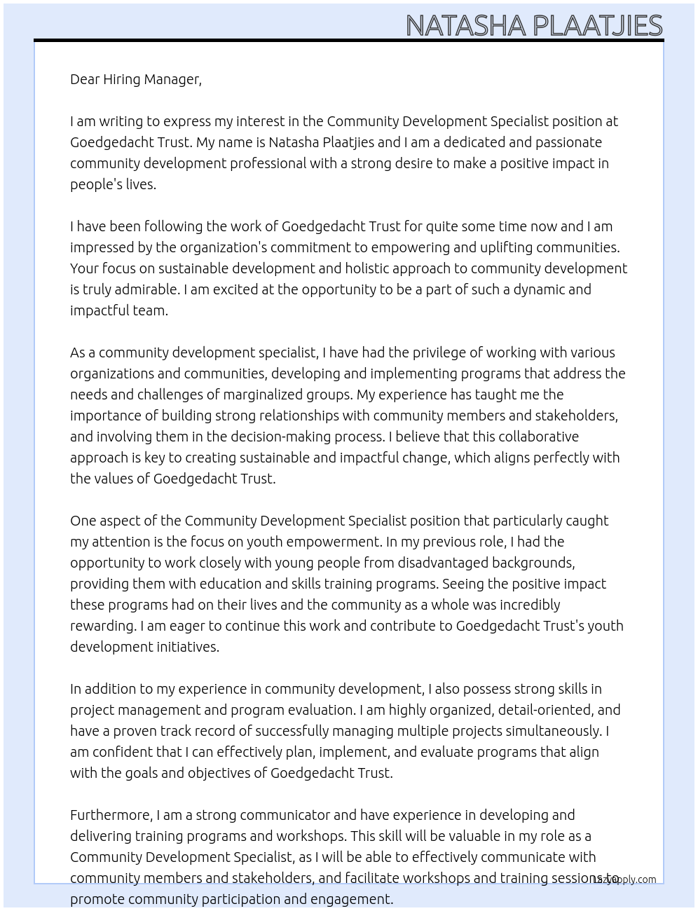 Community Development Specialist At Goedgedacht Trust Cover Letter