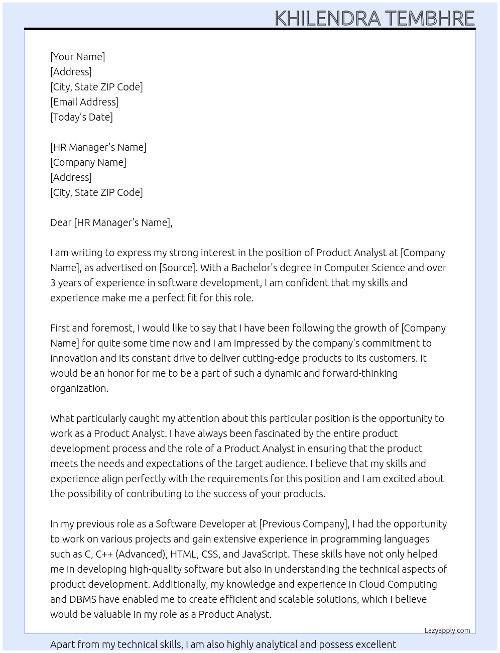 Product Analyst At Khilendra Tembhre Cover Letter