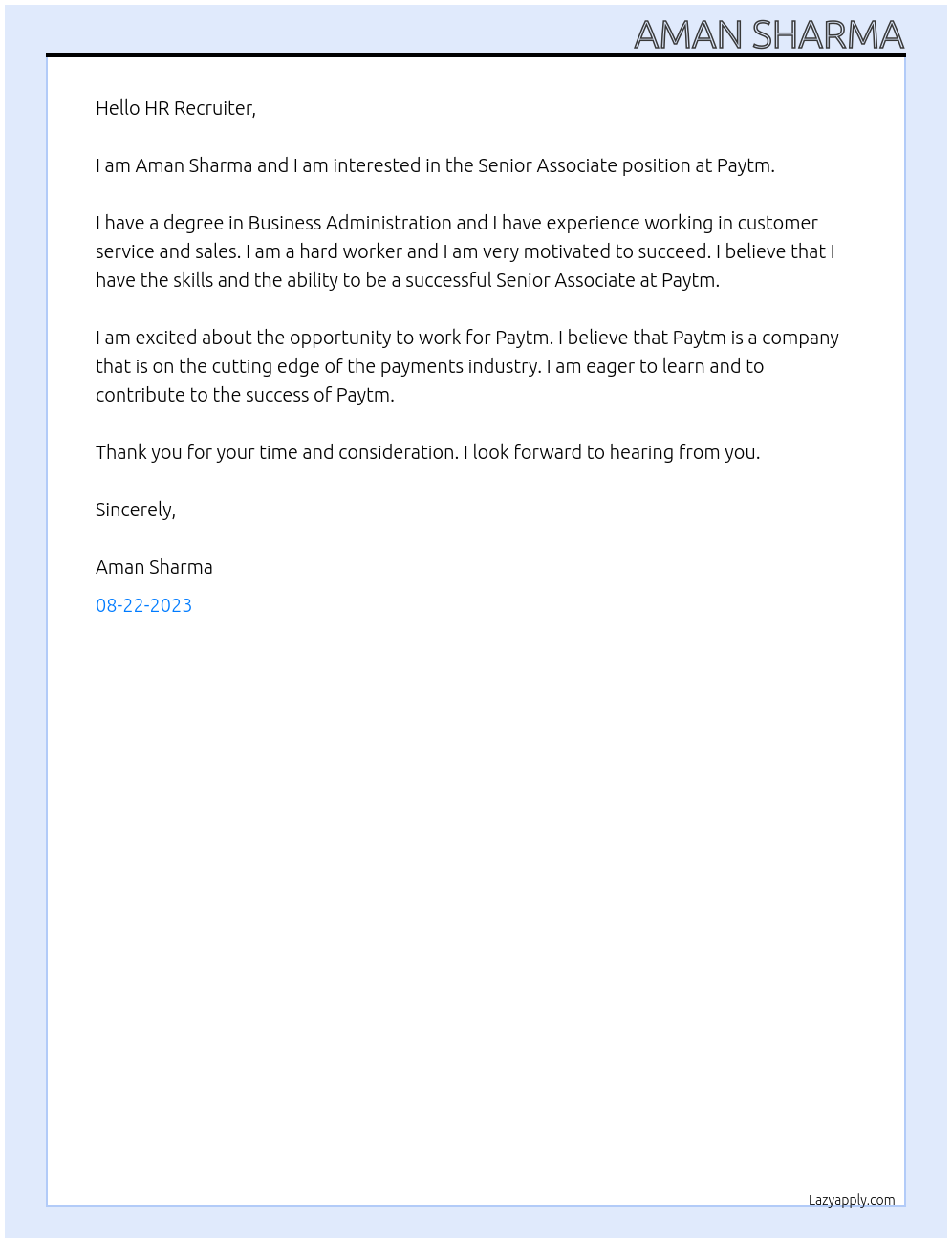 Senior Associate At Paytm Cover Letter