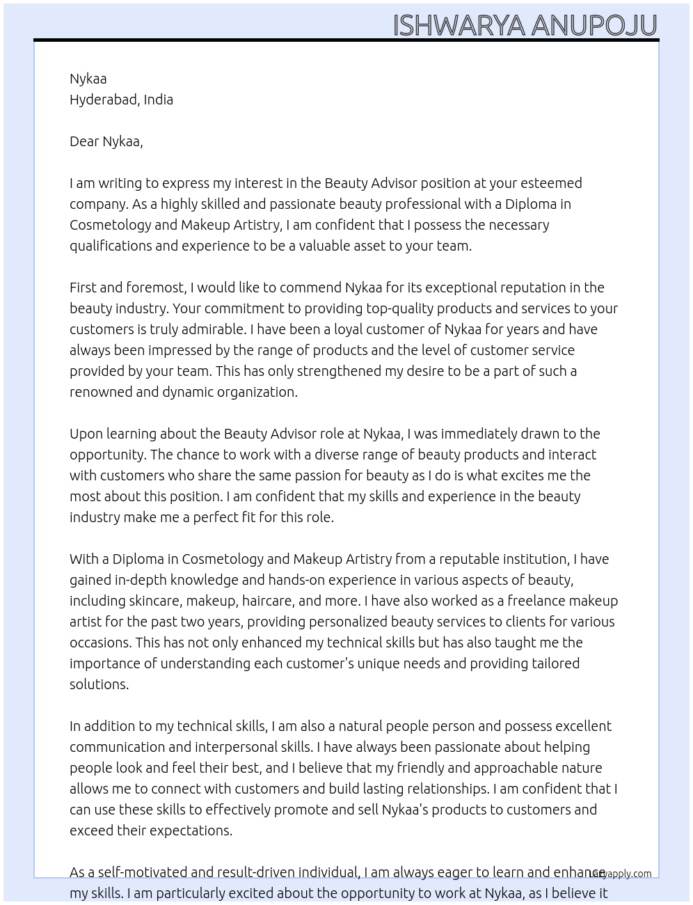 Beauty advisor At Nykaa Cover Letter