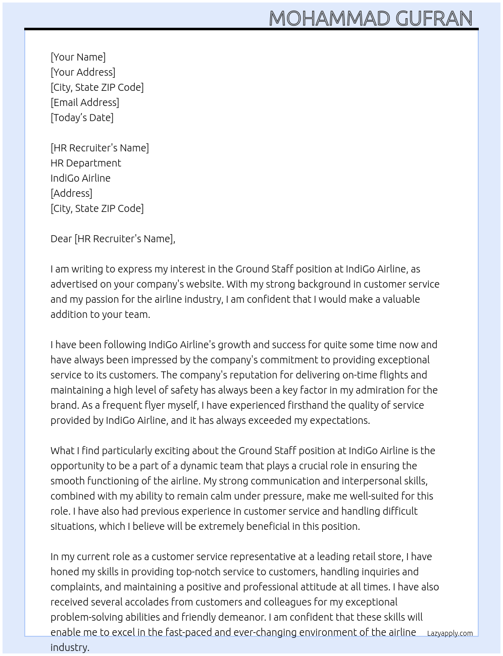 Ground staff At IndiGo Airline Cover Letter