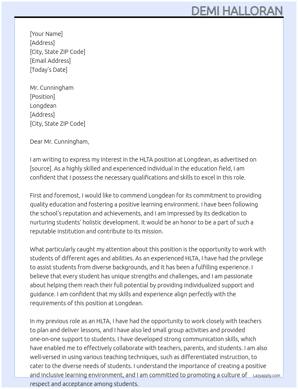 HLTA At Longdean  Cover Letter
