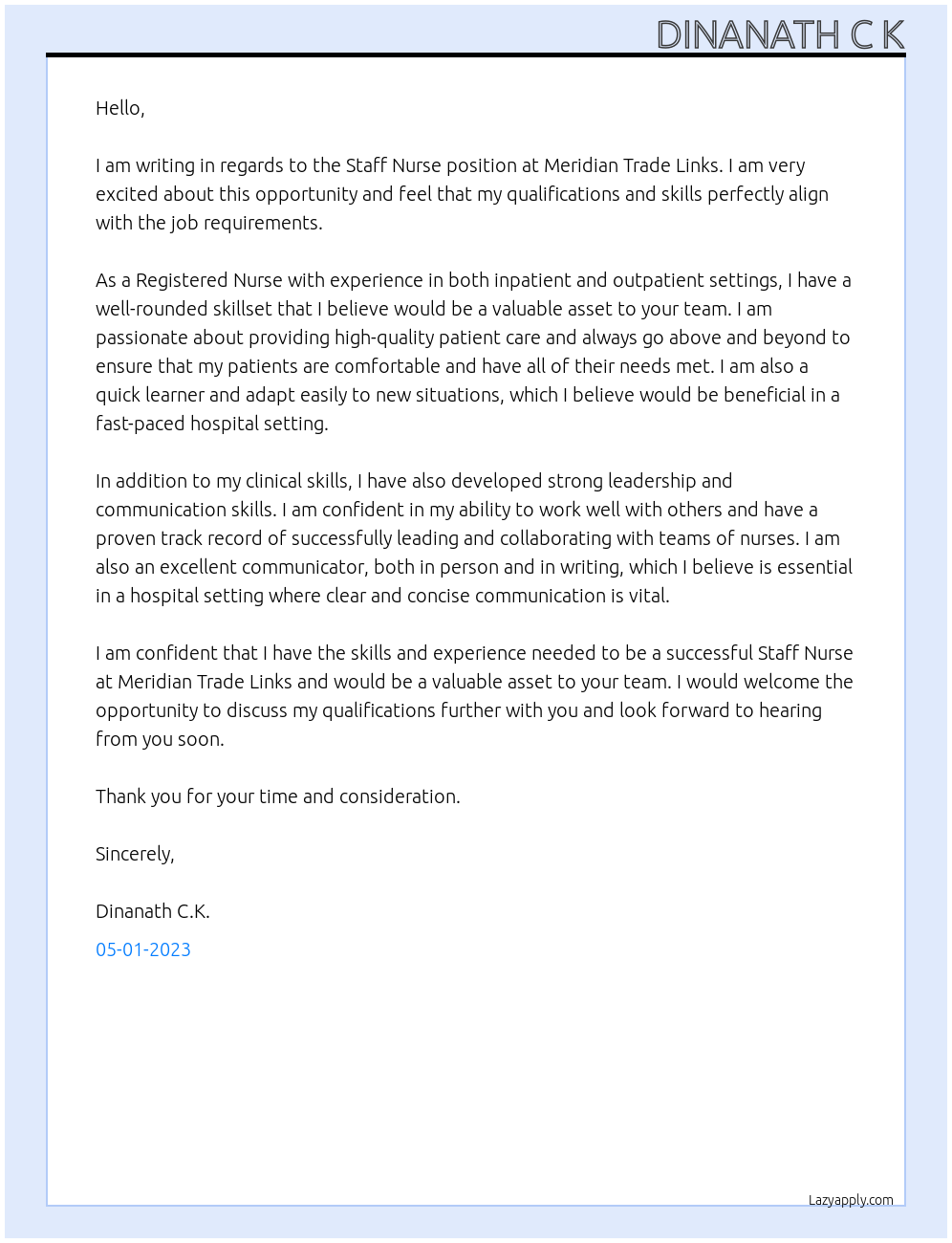 Staff nurse At Government hospital Kuwait Cover Letter