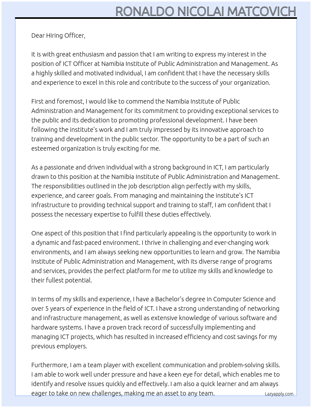 ICT OFFICER At Namibia Institute of Public Administration and Management Cover Letter