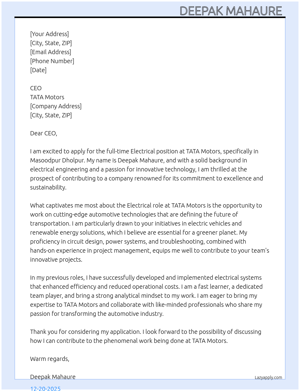 Electrical At TATA motors  Cover Letter