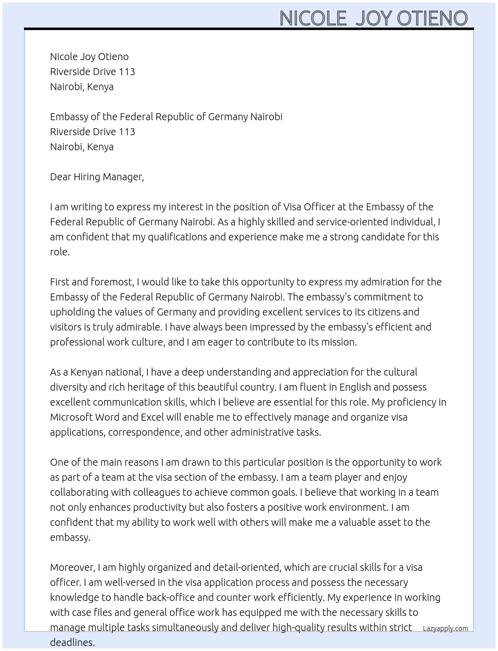 Visa Officer At Embassy of the Federal Republic of Germany Nairobi Cover Letter